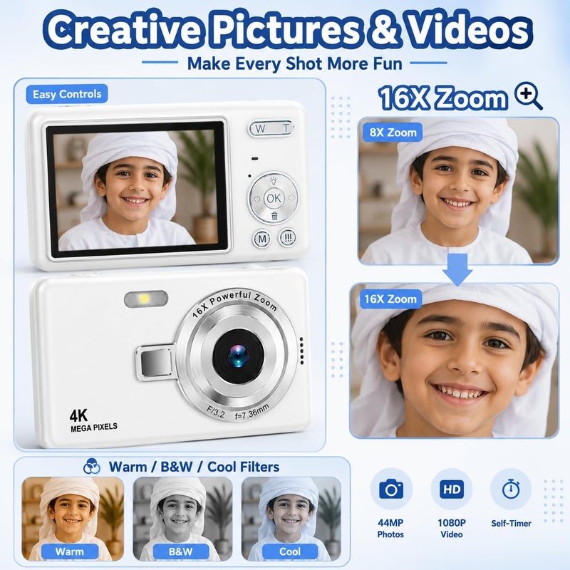 Favarey Digital Camera, FHD 1080P Point and Shoot Kids Camera with 16X Zoom, Anti-Shake, 32GB Card - Compact Kids Digital Camera Gift for Boys, Girls (White) - Image 5