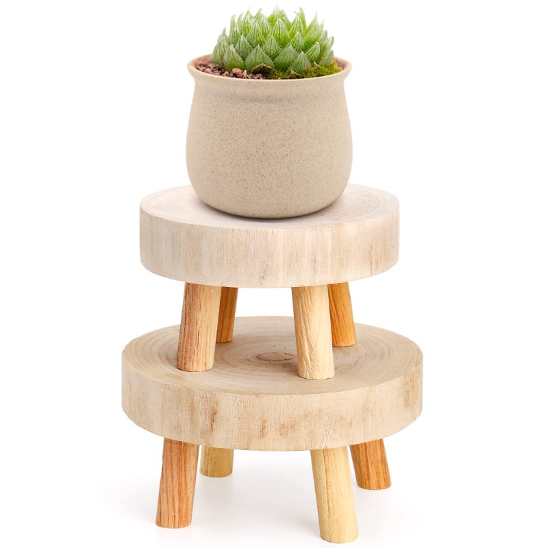 TOPZEA TOPZEA Set of 2 Mini Wooden Stool Display Stand Short Wood Riser Stools Decorative Boho Small Pedestal Stand Counter Potted Planter Holder Risers for Candle Indoor Plant Dessert Gnome 
