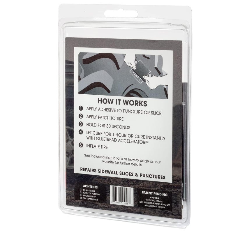 GLUETREAD MORE TREAD MORE TRACTION طقم إصلاح إطارات جانبية GlueTread | رقعة جانب الإطار الخاص بك | الطقم يتضمن (1) رقعة 4"x4.5"x3/16 (4) قطع من ورق الصنفرة، لاصق وتعليمات | إصلاح إطارات ATV للاستخدام في الطرق الوعرة فقط - Image 2