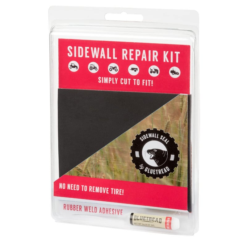 GLUETREAD MORE TREAD MORE TRACTION طقم إصلاح إطارات جانبية GlueTread | رقعة جانب الإطار الخاص بك | الطقم يتضمن (1) رقعة 4"x4.5"x3/16 (4) قطع من ورق الصنفرة، لاصق وتعليمات | إصلاح إطارات ATV للاستخدام في الطرق الوعرة فقط - Image 1