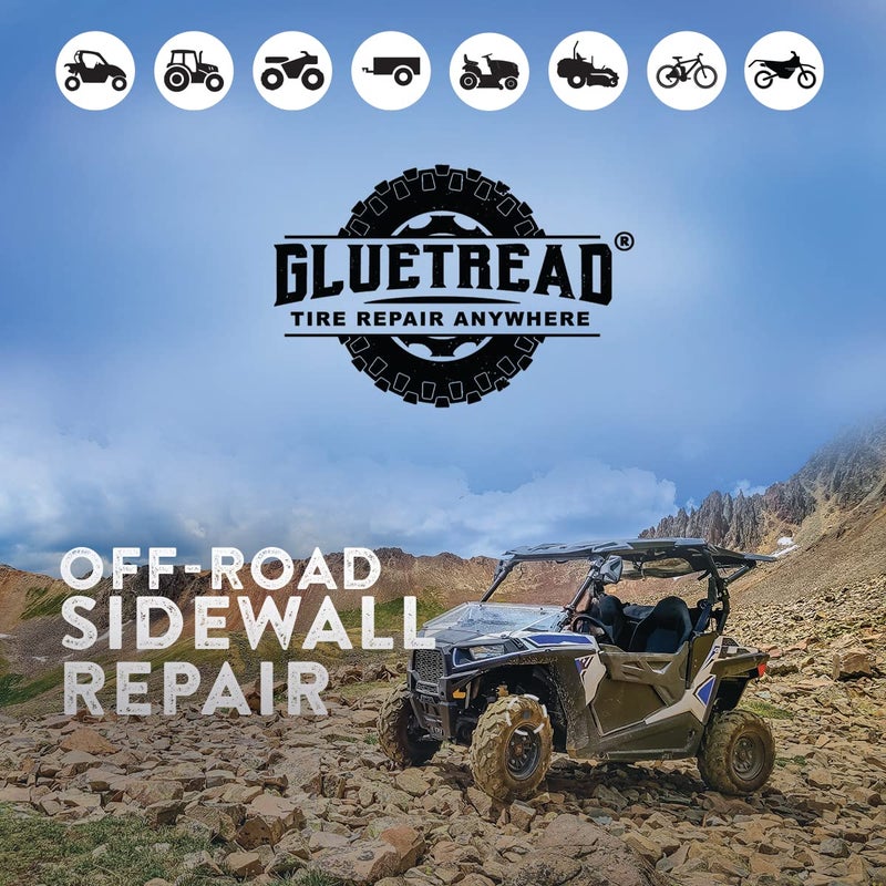 GLUETREAD MORE TREAD MORE TRACTION طقم إصلاح إطارات جانبية GlueTread | رقعة جانب الإطار الخاص بك | الطقم يتضمن (1) رقعة 4"x4.5"x3/16 (4) قطع من ورق الصنفرة، لاصق وتعليمات | إصلاح إطارات ATV للاستخدام في الطرق الوعرة فقط - Image 4