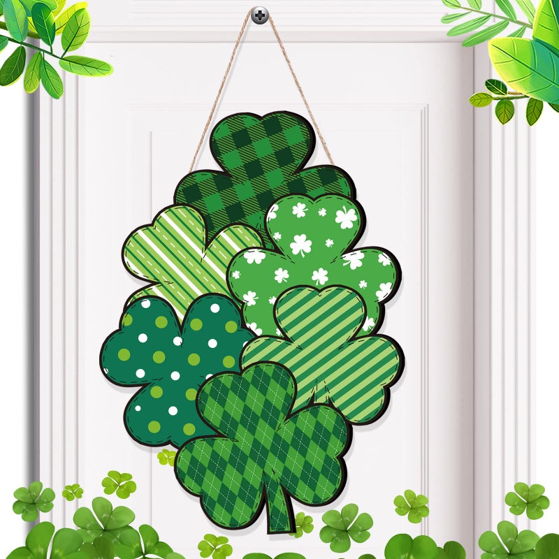 Yookeer St Patrick's Day Front Door Sign Wooden Lucky Shamrocks Plaque Wreath Ornament Irish Hanging Welcome Board Spring Home Wall Green Decoration(Plaid Shamrock) - Image 1