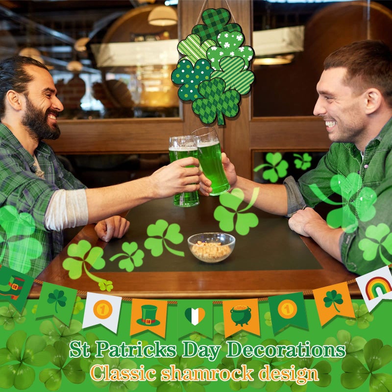 Yookeer St Patrick's Day Front Door Sign Wooden Lucky Shamrocks Plaque Wreath Ornament Irish Hanging Welcome Board Spring Home Wall Green Decoration(Plaid Shamrock) - Image 4