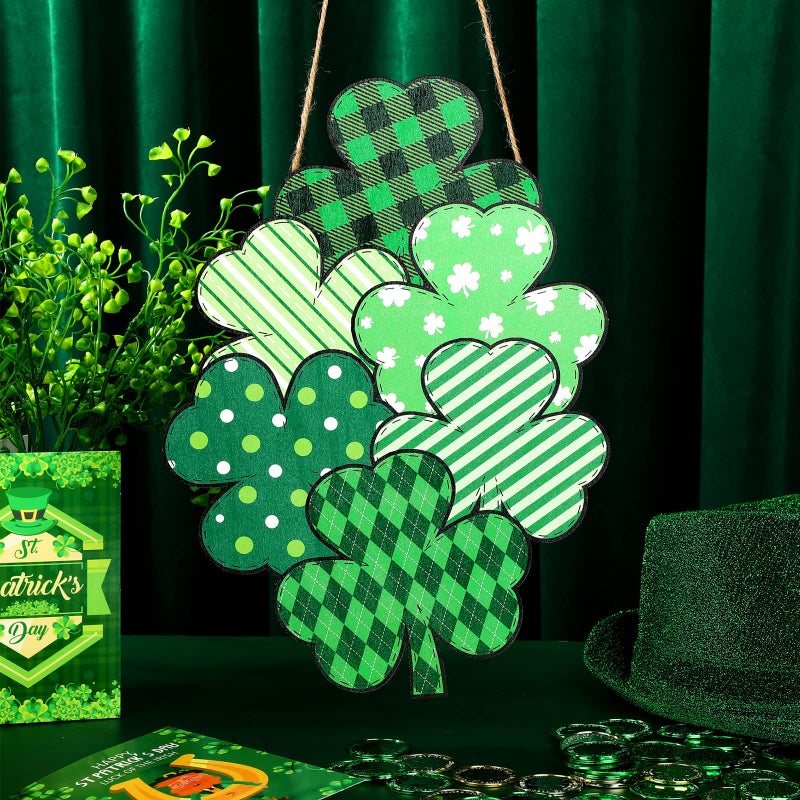Yookeer St Patrick's Day Front Door Sign Wooden Lucky Shamrocks Plaque Wreath Ornament Irish Hanging Welcome Board Spring Home Wall Green Decoration(Plaid Shamrock) - Image 5
