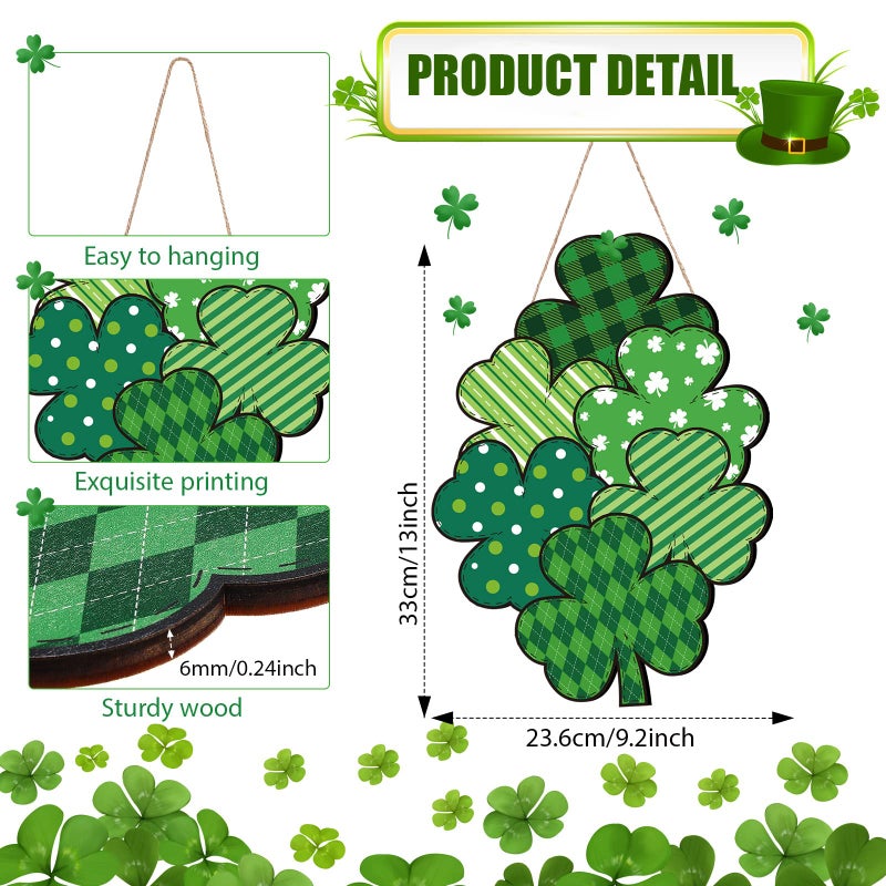 Yookeer St Patrick's Day Front Door Sign Wooden Lucky Shamrocks Plaque Wreath Ornament Irish Hanging Welcome Board Spring Home Wall Green Decoration(Plaid Shamrock) - Image 2