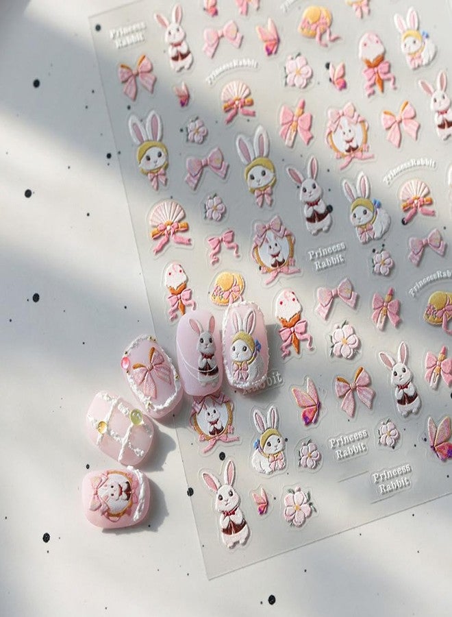 LIFOOST 5D Embossed Pink Rabbit Flower Nail Stickers for Nail Art Bows Blossom Nail Design Spring Summer Floral Nail Decals Relief Petals - Image 1