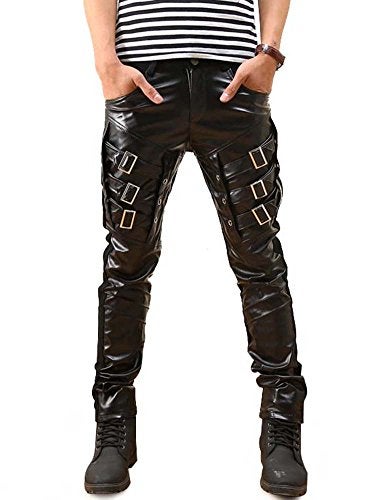 Idopy Mens Rock Punk Hip Hop Faux Leather Motocycle Pants 32W x 41L Black - Image 1