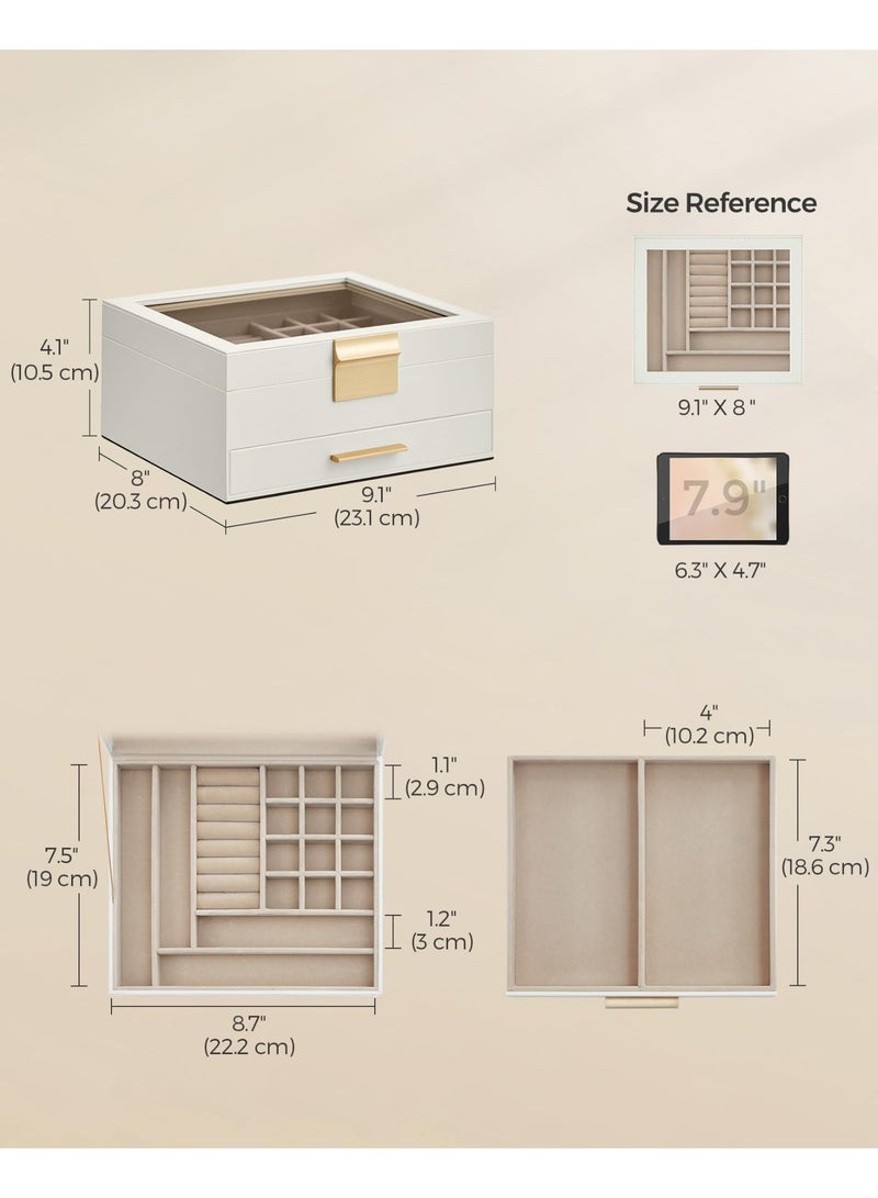 Kibee Jewelry Box Organizer with Glass Lid, 2-Layer Jewelry Storage, with 1 Drawer, Modern Style - Image 2