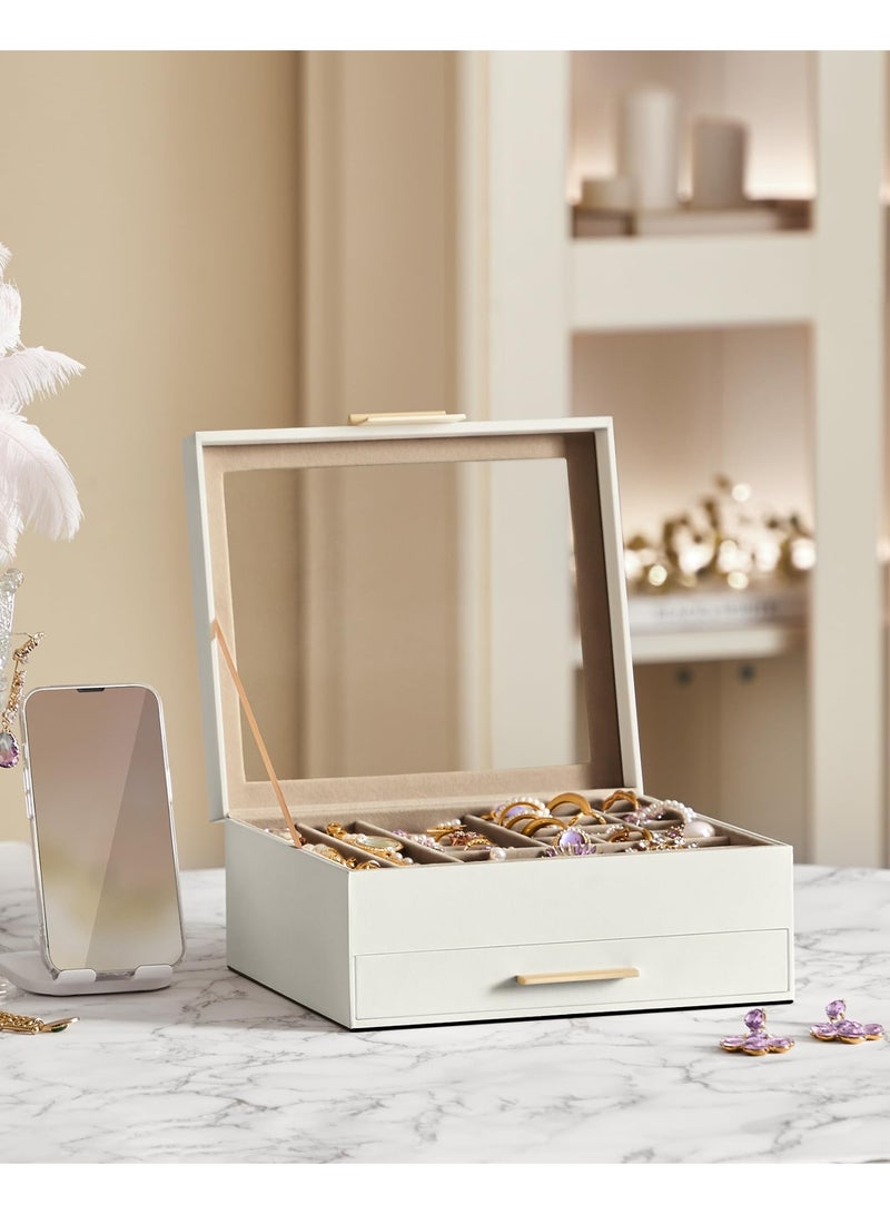 Kibee Jewelry Box Organizer with Glass Lid, 2-Layer Jewelry Storage, with 1 Drawer, Modern Style - Image 4