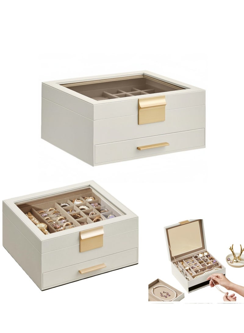 Kibee Jewelry Box Organizer with Glass Lid, 2-Layer Jewelry Storage, with 1 Drawer, Modern Style - Image 1