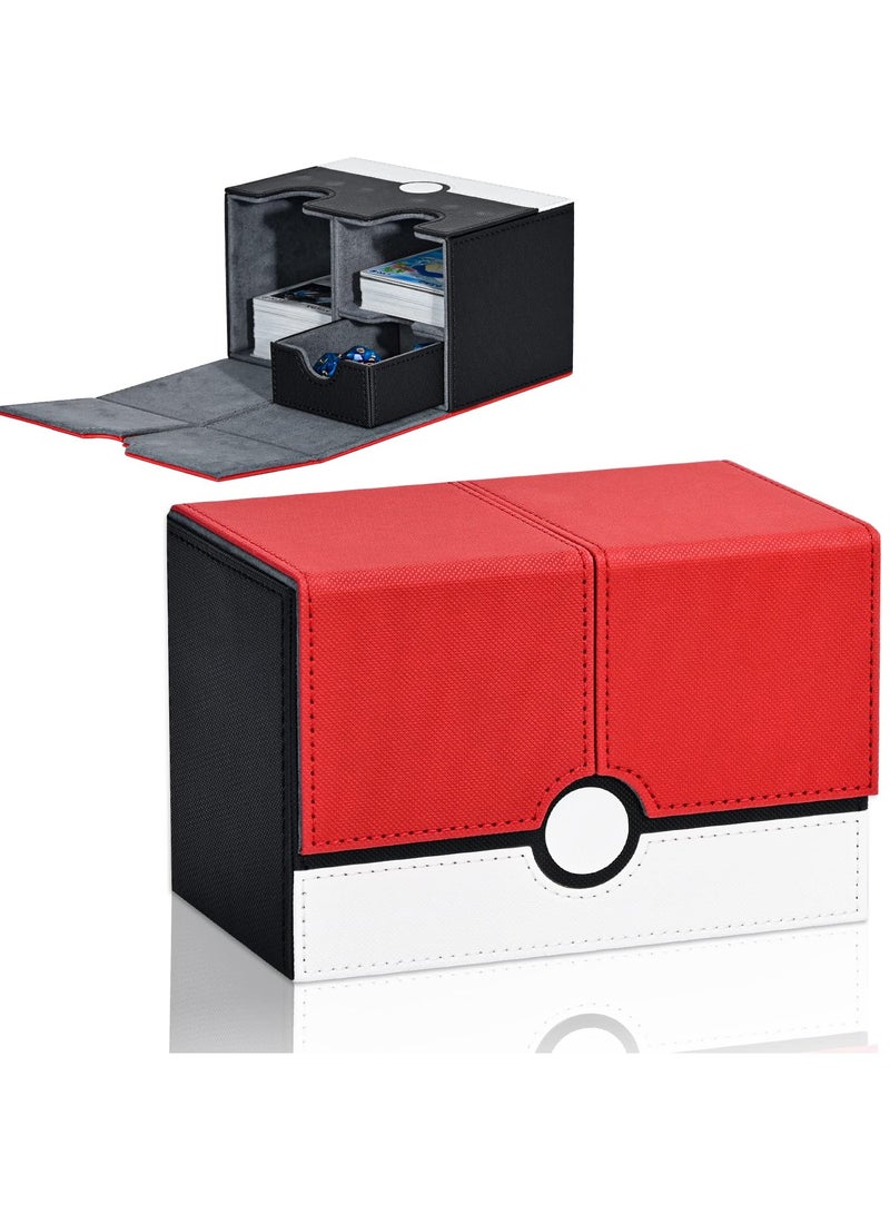 Card Deck Box for PTCG Cards, 150+ Double Sleeved Cards Storage Box with Dice Tray, PU Leather Strong Magnet Collectible Card Case Fits for MTG TCG CCG (P-Red&White) - Image 1
