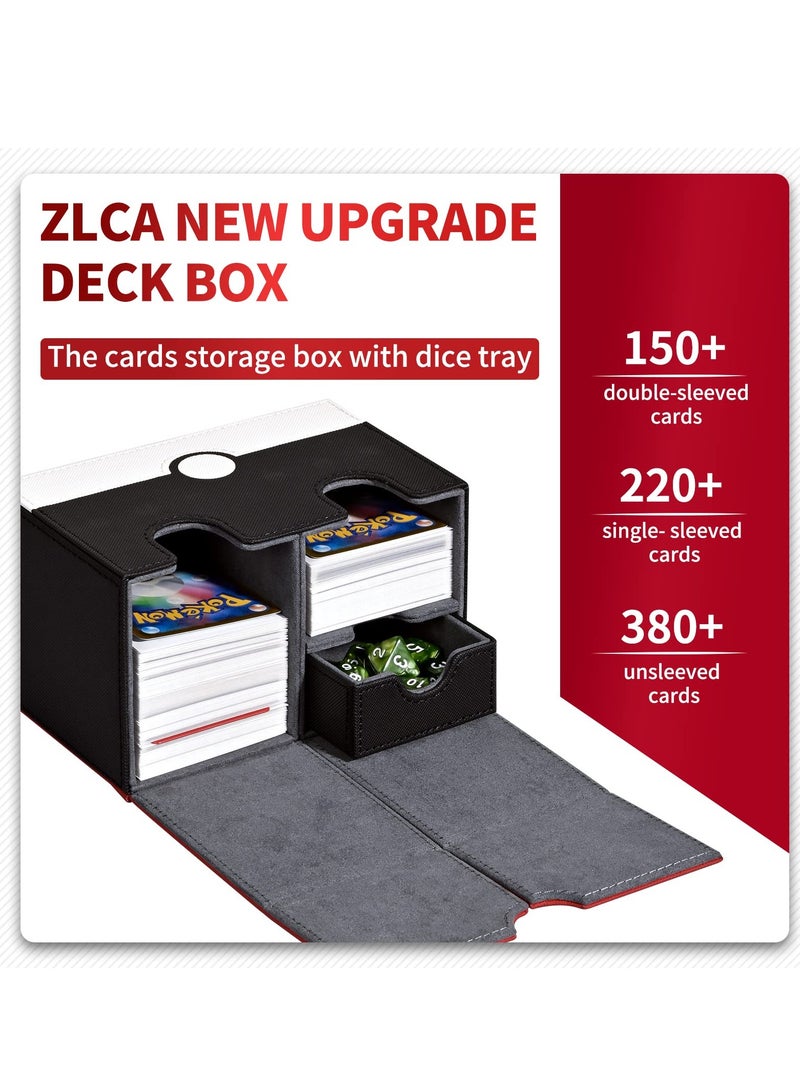 Card Deck Box for PTCG Cards, 150+ Double Sleeved Cards Storage Box with Dice Tray, PU Leather Strong Magnet Collectible Card Case Fits for MTG TCG CCG (P-Red&White) - Image 3