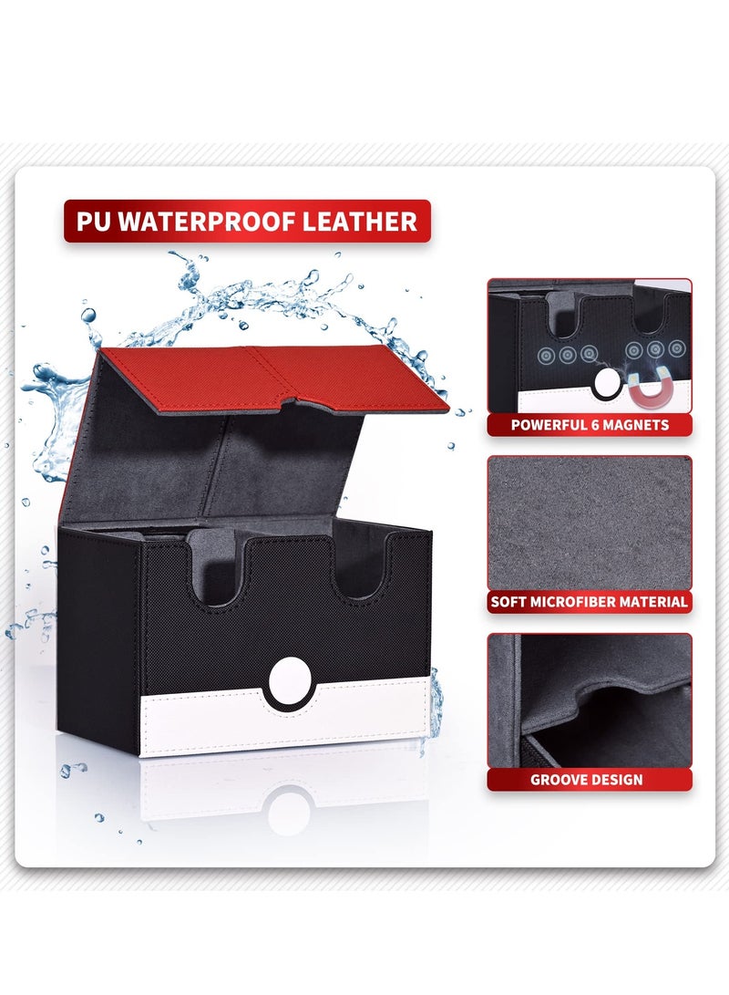 Card Deck Box for PTCG Cards, 150+ Double Sleeved Cards Storage Box with Dice Tray, PU Leather Strong Magnet Collectible Card Case Fits for MTG TCG CCG (P-Red&White) - Image 4