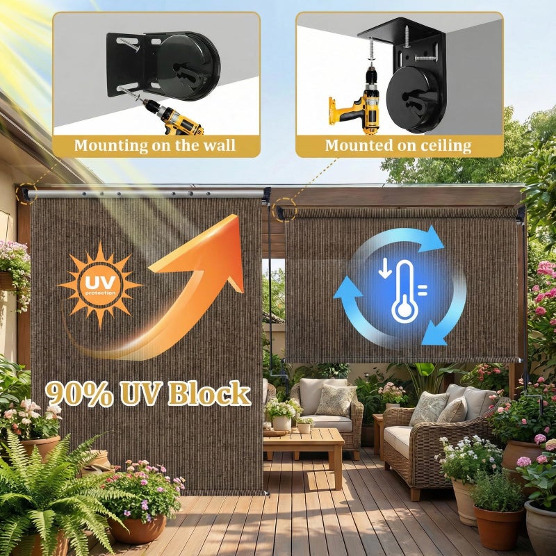 KANAGAWA Outdoor Roller Shade 8'X8' Mocha Exterior Cordless Patio Roll Up Shades for Outside Pergola Porch, Outdoor Blinds for Patio - Image 2