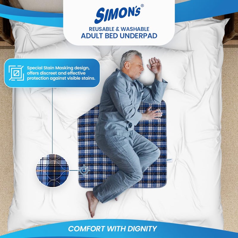 Simon's Simon’s Adult Reusable Stain-Mask Bed Underpad for Elderly, Heavy Absorbency Large Size 34 X 36 inches | Leak Proof 4 Layer Design Protects Surfaces for Incontinence Patients – Blue Check | Pack of 4 - Image 2