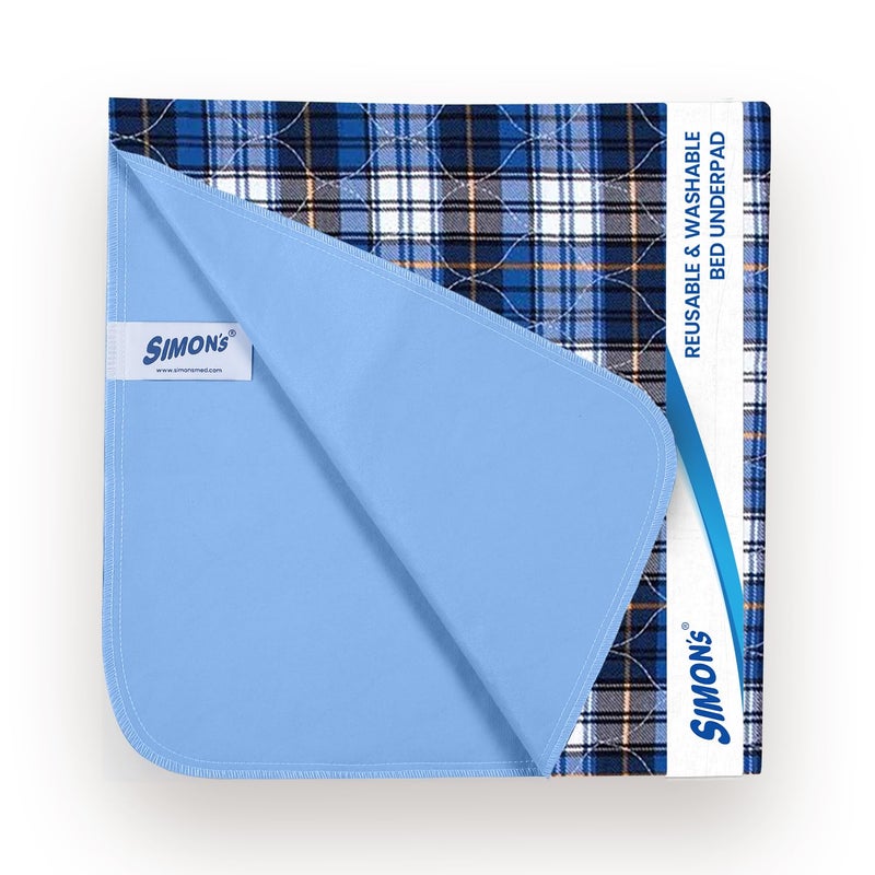 Simon's Simon’s Adult Reusable Stain-Mask Bed Underpad for Elderly, Heavy Absorbency Large Size 34 X 36 inches | Leak Proof 4 Layer Design Protects Surfaces for Incontinence Patients – Blue Check | Pack of 4 - Image 1