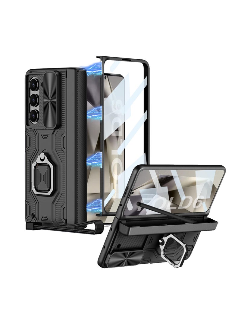 SYOSI For Samsung Galaxy Z Fold 6 Case, Hinge Protection Built-in Screen Protector Ring Kickstand Slide Camera Cover Lanyard, Military-Grade Protection Full Shockproof Cover, Full Body Case (Black) - Image 1