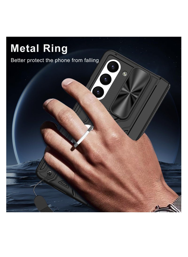 SYOSI For Samsung Galaxy Z Fold 6 Case, Hinge Protection Built-in Screen Protector Ring Kickstand Slide Camera Cover Lanyard, Military-Grade Protection Full Shockproof Cover, Full Body Case (Black) - Image 2
