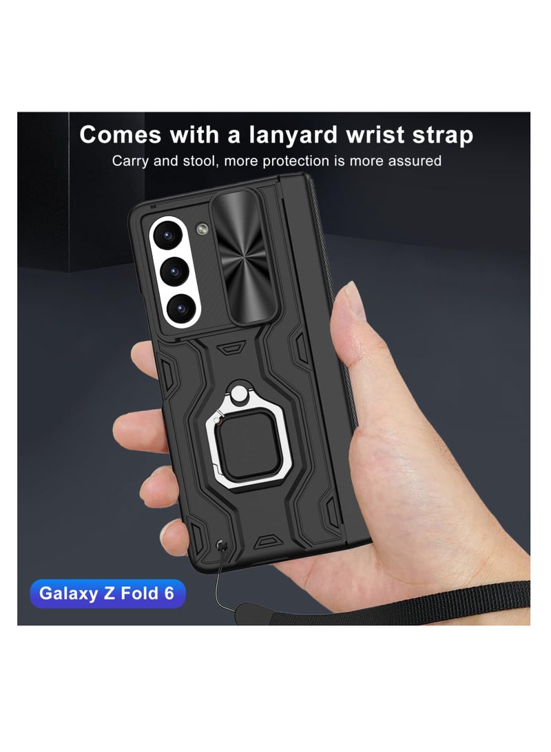SYOSI For Samsung Galaxy Z Fold 6 Case, Hinge Protection Built-in Screen Protector Ring Kickstand Slide Camera Cover Lanyard, Military-Grade Protection Full Shockproof Cover, Full Body Case (Black) - Image 3
