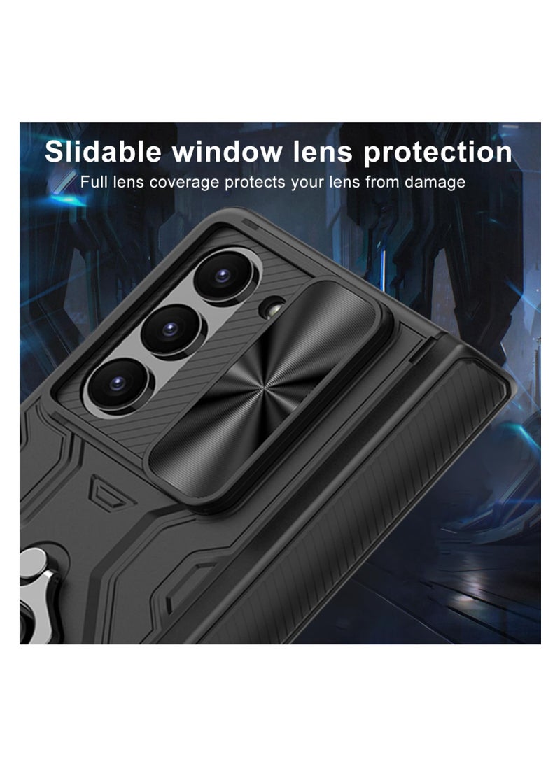 SYOSI For Samsung Galaxy Z Fold 6 Case, Hinge Protection Built-in Screen Protector Ring Kickstand Slide Camera Cover Lanyard, Military-Grade Protection Full Shockproof Cover, Full Body Case (Black) - Image 4