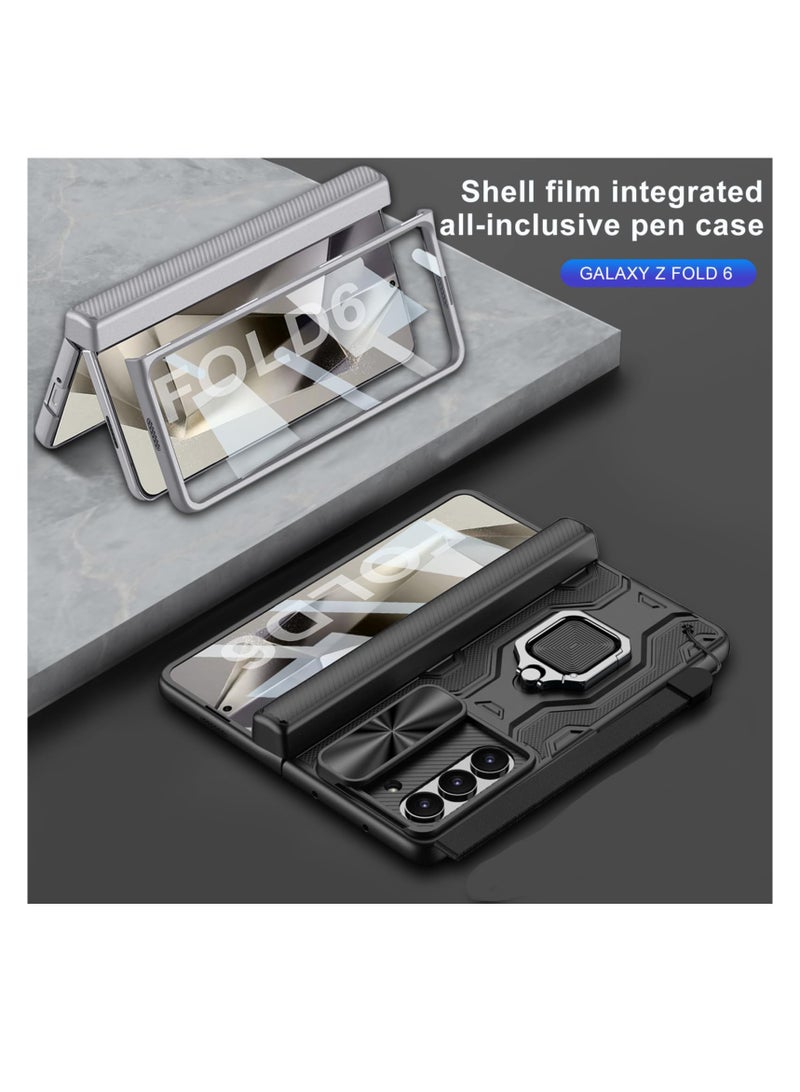 SYOSI For Samsung Galaxy Z Fold 6 Case, Hinge Protection Built-in Screen Protector Ring Kickstand Slide Camera Cover Lanyard, Military-Grade Protection Full Shockproof Cover, Full Body Case (Black) - Image 5