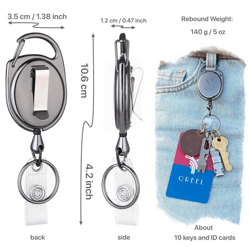 QREEL Heavy Duty Badge Reel, Metal Retractable Keychain, Steel Cord Retractable Badge Holder with Carabiner, Belt Clip and Key Ring (Gun Grey, All Metal Case, 2 Pack) - Image 2