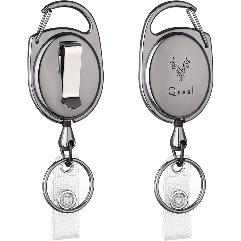QREEL Heavy Duty Badge Reel, Metal Retractable Keychain, Steel Cord Retractable Badge Holder with Carabiner, Belt Clip and Key Ring (Gun Grey, All Metal Case, 2 Pack) - Image 1