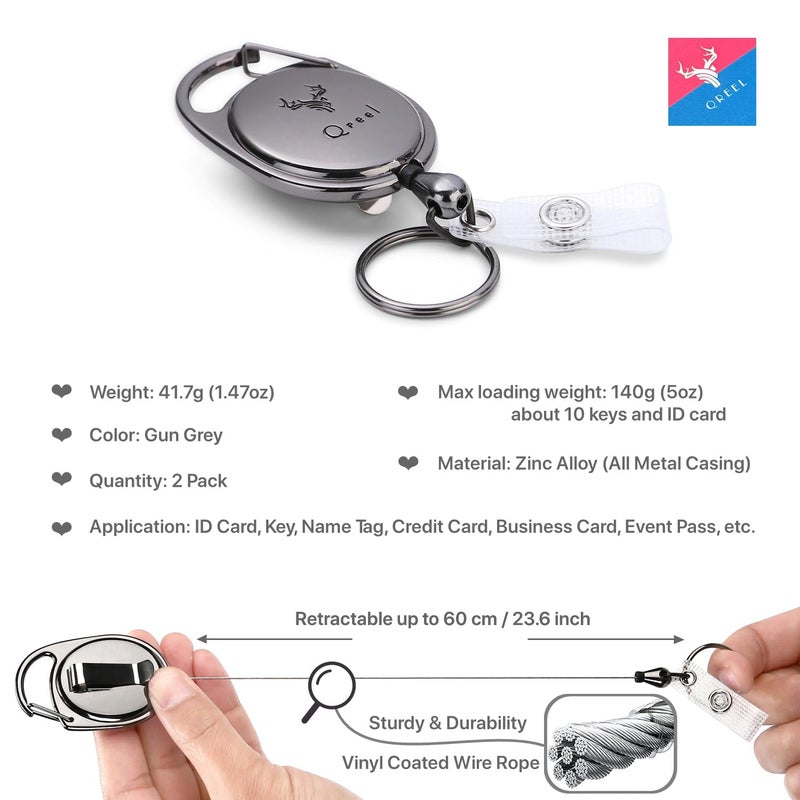 QREEL Heavy Duty Badge Reel, Metal Retractable Keychain, Steel Cord Retractable Badge Holder with Carabiner, Belt Clip and Key Ring (Gun Grey, All Metal Case, 2 Pack) - Image 3