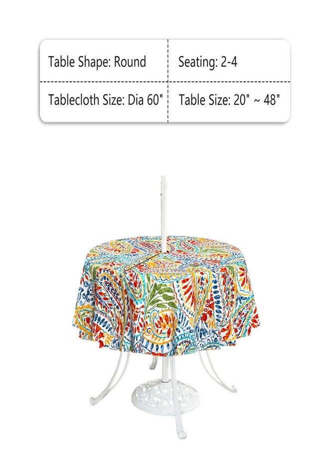 LVTXIII Outdoor/Indoor Round Tablecloth, Patio Stain Resistant Table Covers with Umbrella Hole Picnic Table Cloth with Zipper for Patio Garden Buffet Table Decoration, 60", Round, Paisley Multi - Image 2