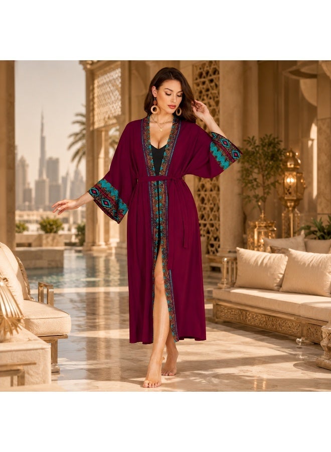 روب كيمونو نسائي طويل للشاطئ مع حزام، مفتوح من الأمام بتصميم بوهيمي للمنتجعات - Image 3
