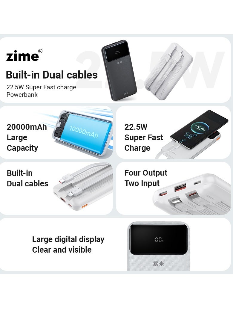 zime - zime B225 Power Bank, 10,000mAh 22.5W Max Fast Portable Charger with Built-in USB-C and Connector Cables, 1 USB-C, 1 USB-A, Battery Pack for iPhone 16/15/14 Series, Galaxy, and more - Image 1