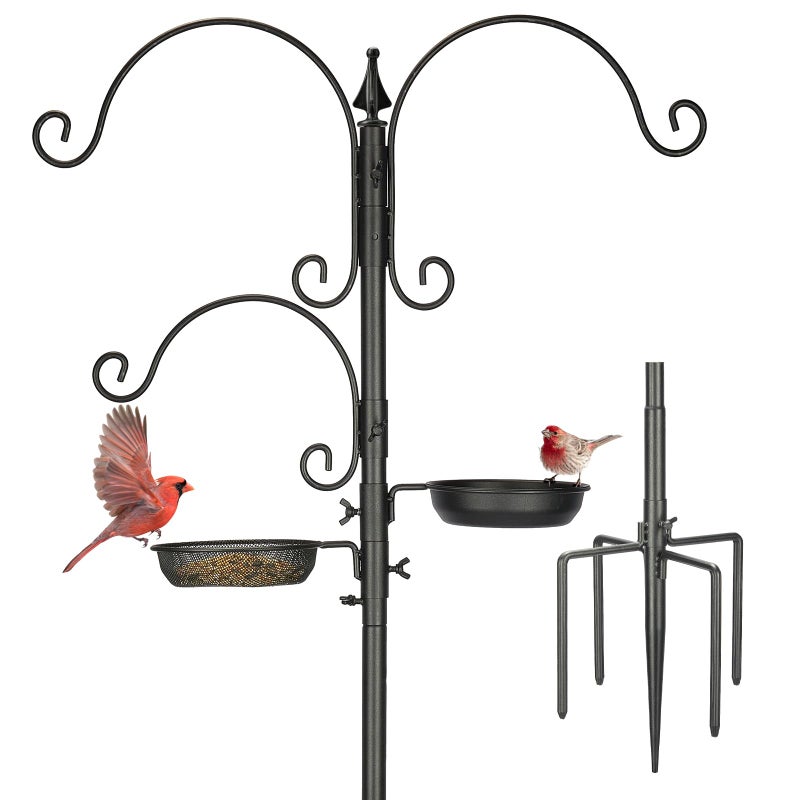 Kingsyard Bird Feeding Station Kit - 85 Inch Bird Feeder Pole with 5-Prong Base, Bird Feeder Stand for Outdoors Hanging Bird Feeders, Upgraded in Stability, Black - Image 1