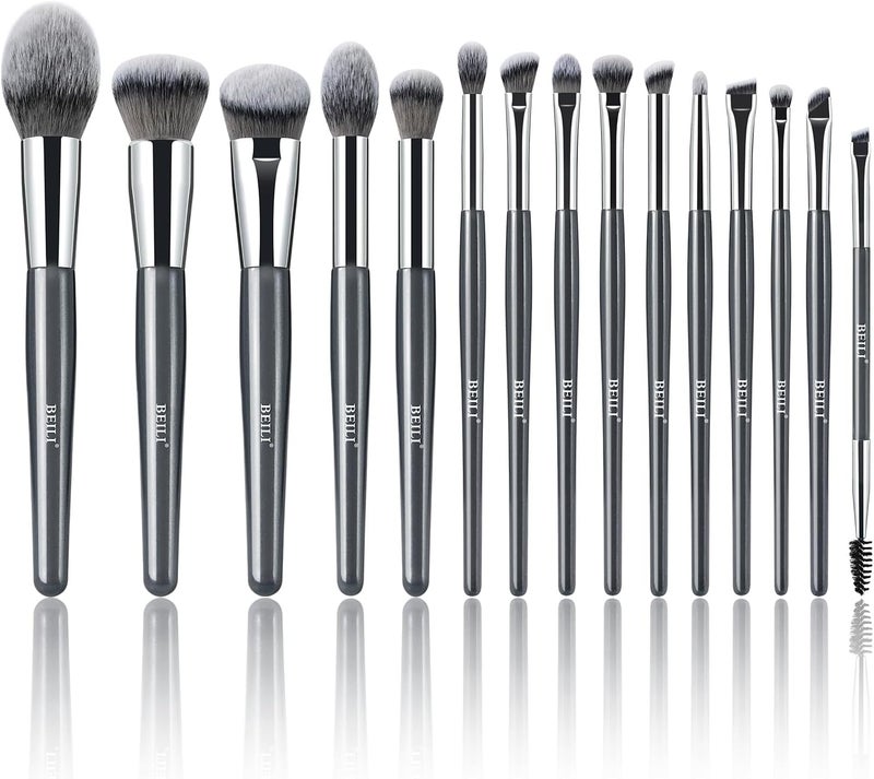 BEILI 15Piece Vegan Makeup Brush Set Professional CrueltyFree Aluminium Ferrule Wood Handle Grey