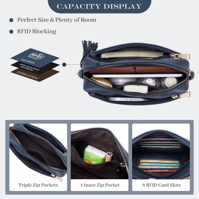 Roulens Triple Zip Small Crossbody Bag for women,Wide Strap Cell Phone Purse Shoulder Handbag Wallet with Credit Card Slots - Image 2