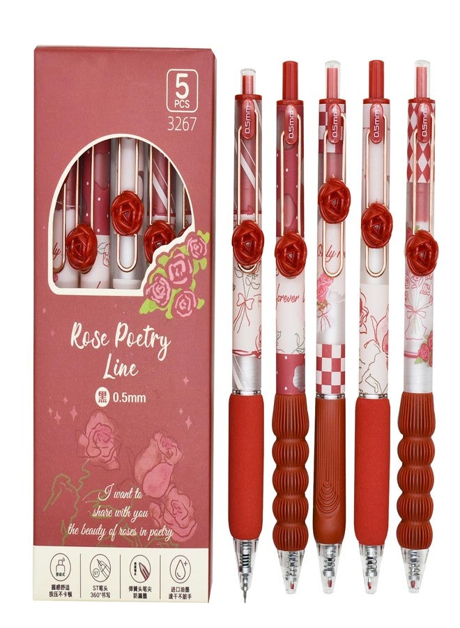 Lopenle 10pcs Red Rose Inspirational Pens Flower Gel Pen Fancy Retractaable 3D Clip - Decorative Rose Ballpoint Pen Holder with Black Refill - Unique Gift for Women, Office & School Supplies - Image 1