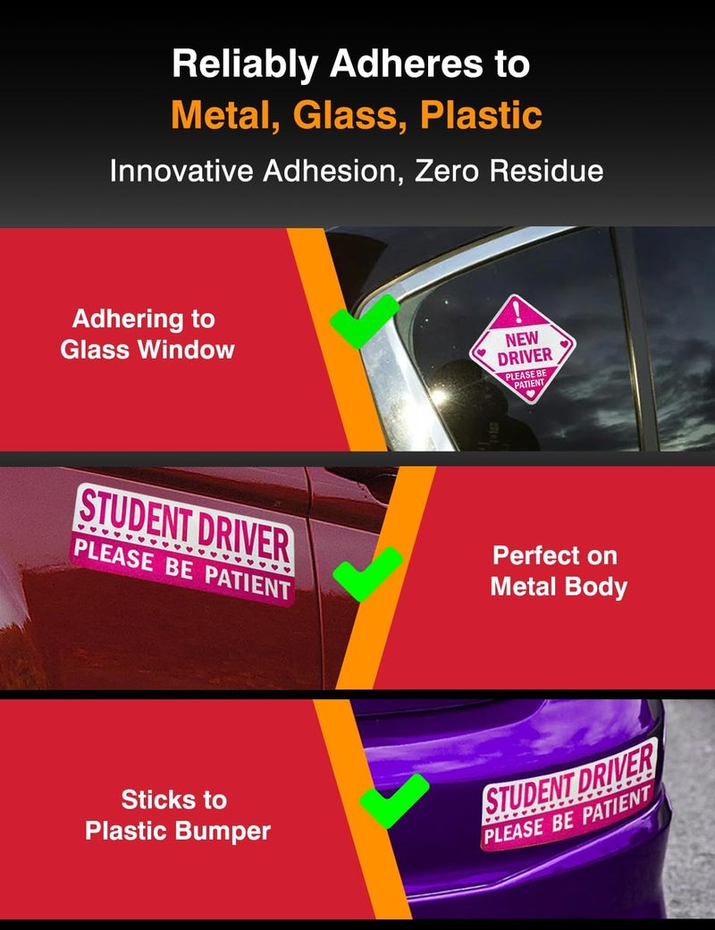 MASINGO Student Driver Stickers (Non-Magnet) – Reusable, Reflective New Driver Sign for Car Bumper & Windows, Scratch-Free, Weather-Resistant, 5-Pack (White, Pink) - Image 3