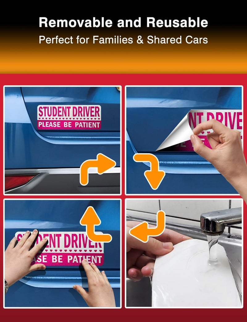 MASINGO Student Driver Stickers (Non-Magnet) – Reusable, Reflective New Driver Sign for Car Bumper & Windows, Scratch-Free, Weather-Resistant, 5-Pack (White, Pink) - Image 5
