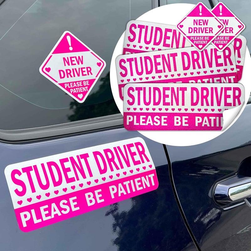 MASINGO Student Driver Stickers (Non-Magnet) – Reusable, Reflective New Driver Sign for Car Bumper & Windows, Scratch-Free, Weather-Resistant, 5-Pack (White, Pink) - Image 1