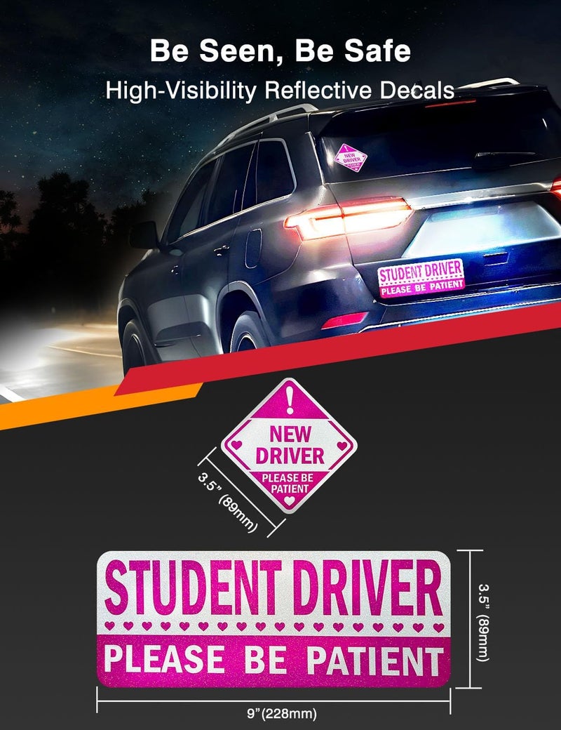 MASINGO Student Driver Stickers (Non-Magnet) – Reusable, Reflective New Driver Sign for Car Bumper & Windows, Scratch-Free, Weather-Resistant, 5-Pack (White, Pink) - Image 2