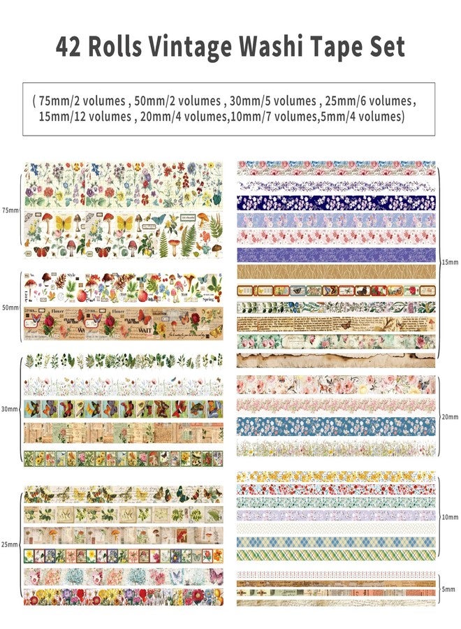 emmoolife 42 Rolls Vintage Washi Tape Set, Floral Letters, Butterfly, Mushroom, Botanical Flower, Scrapbooking Engraving Decorative Tapes, Trash Journal Supplies, Bullet Journal, - Image 2