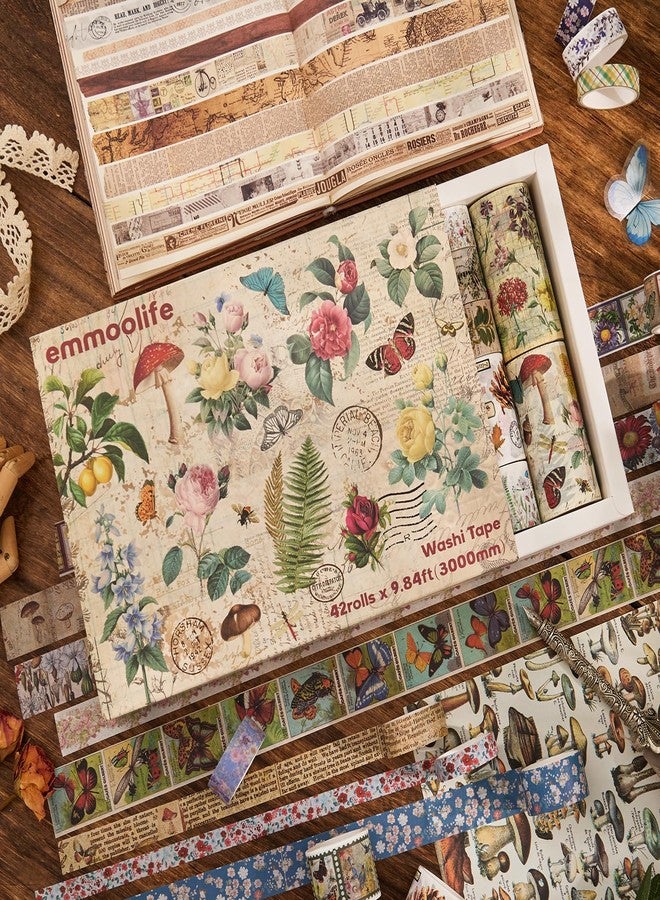 emmoolife 42 Rolls Vintage Washi Tape Set, Floral Letters, Butterfly, Mushroom, Botanical Flower, Scrapbooking Engraving Decorative Tapes, Trash Journal Supplies, Bullet Journal, - Image 3