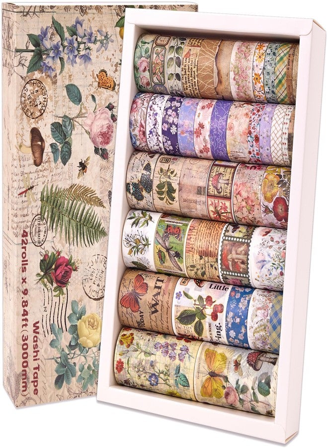 emmoolife 42 Rolls Vintage Washi Tape Set, Floral Letters, Butterfly, Mushroom, Botanical Flower, Scrapbooking Engraving Decorative Tapes, Trash Journal Supplies, Bullet Journal, - Image 1