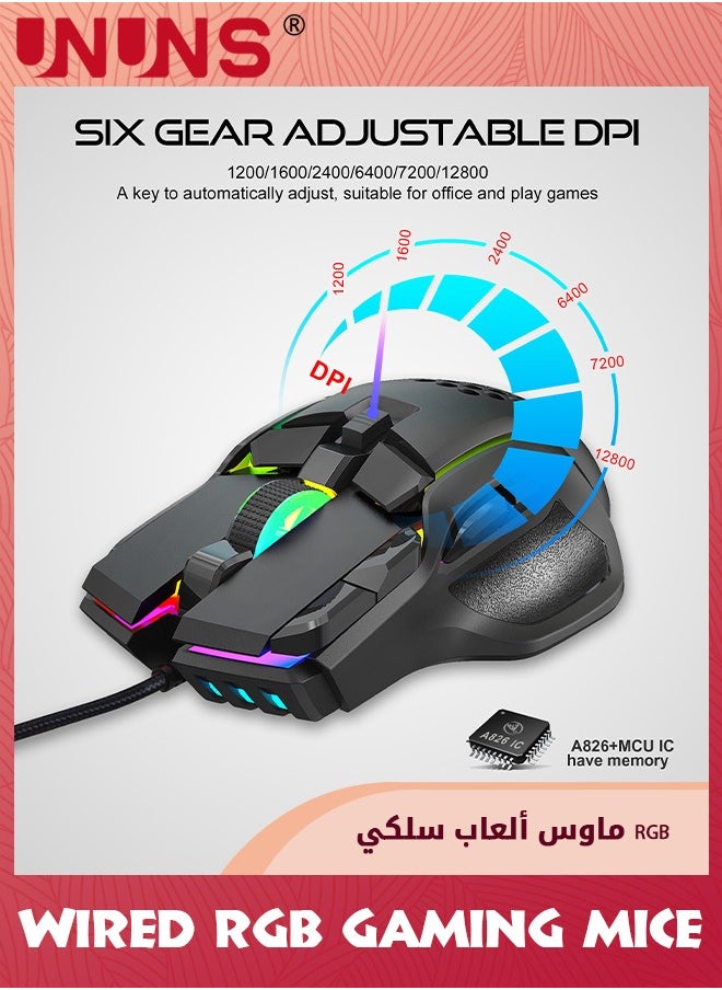 UNUNS - ماوس ألعاب سلكي، ماوس ألعاب بصري مع 13 وضعًا بإضاءة خلفية RGB، دقة عالية قابلة للتعديل 12800 نقطة في البوصة، 10 أزرار قابلة للبرمجة، قابس مريح لتشغيل الكمبيوتر المحمول Mac USB ماوس لتشغيل الألعاب - Image 1