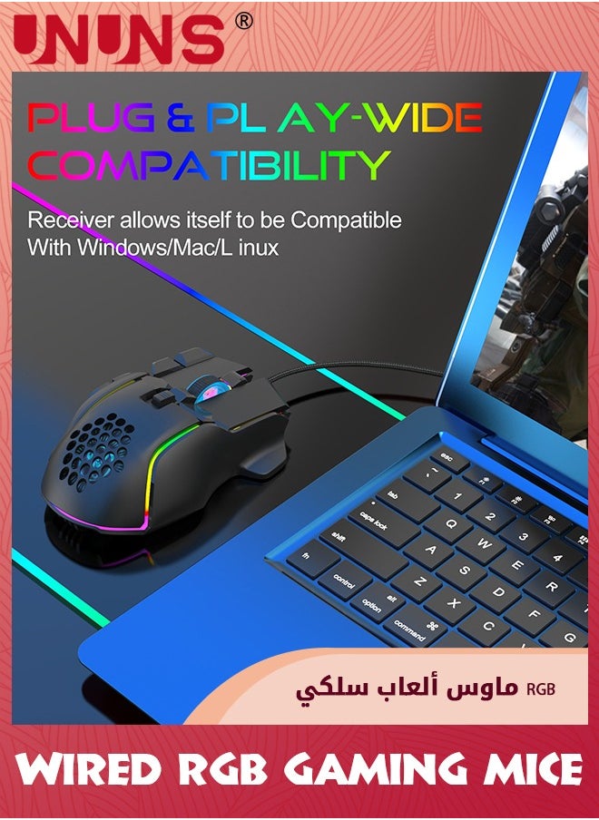 UNUNS - ماوس ألعاب سلكي، ماوس ألعاب بصري مع 13 وضعًا بإضاءة خلفية RGB، دقة عالية قابلة للتعديل 12800 نقطة في البوصة، 10 أزرار قابلة للبرمجة، قابس مريح لتشغيل الكمبيوتر المحمول Mac USB ماوس لتشغيل الألعاب - Image 1