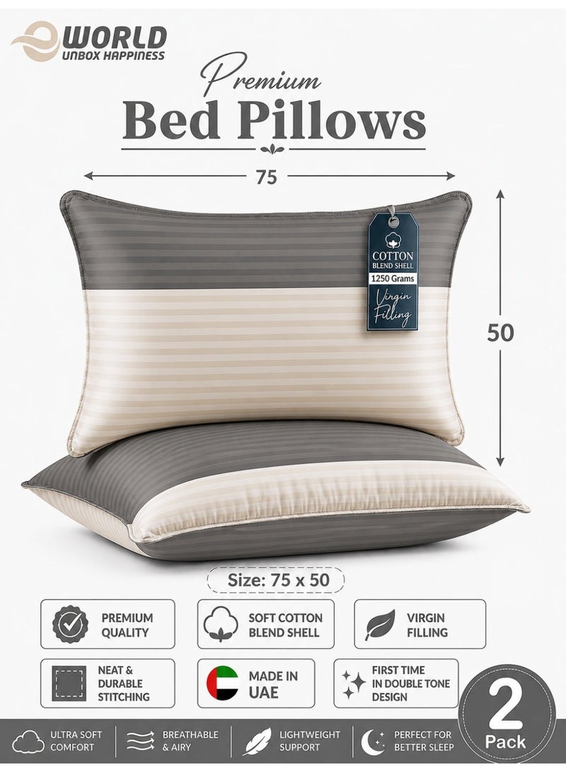 Eworld Pack of 2 Down Alternative Bed Pillows, 1250g Fill, Cotton Blend Cover, Hotel Quality, 50x75cm, Grey-Cream - Image 1