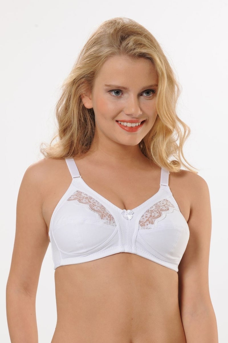 HMD Underwear Hmd 6100 Women's 3-Piece 100% Cotton White Thin Strap Breast Lace Detailed Minimizer Bra  - Image 1