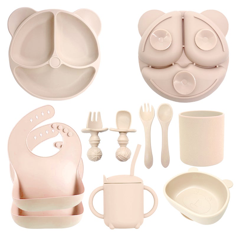 Silicone Baby Dining Set Soft Bib Bowl Spoon Beige -10 pieces-bear plate +2 bibs + bear bowl + suction cup + straight Cup + long and short fork spoon