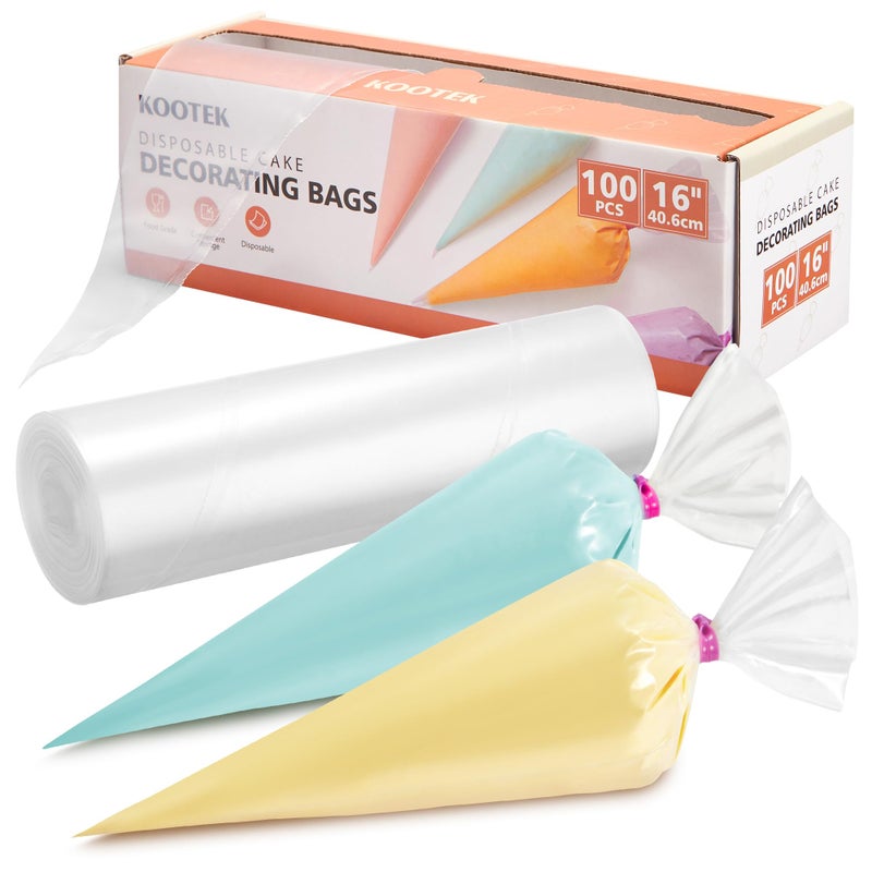 Kootek Kootek 16 Piping Bags 100Pcs Disposable Pastry Bags Anti Burst Icing Frosting Bag Thick Cake Decorating Bags for Cookie Cupcake Candy Baking Supplies Tools 