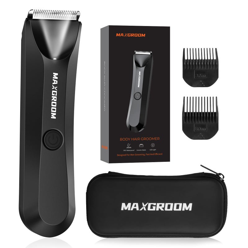 MAXGROOM Manscape Body Hair Trimmer for Men, IPX7 Waterproof Pubic & Groin Hair Trimmer- Electric Ball Shaver with LED Light, Ceramic Blade, USB Rechargeable & Travel Pouch - Image 1