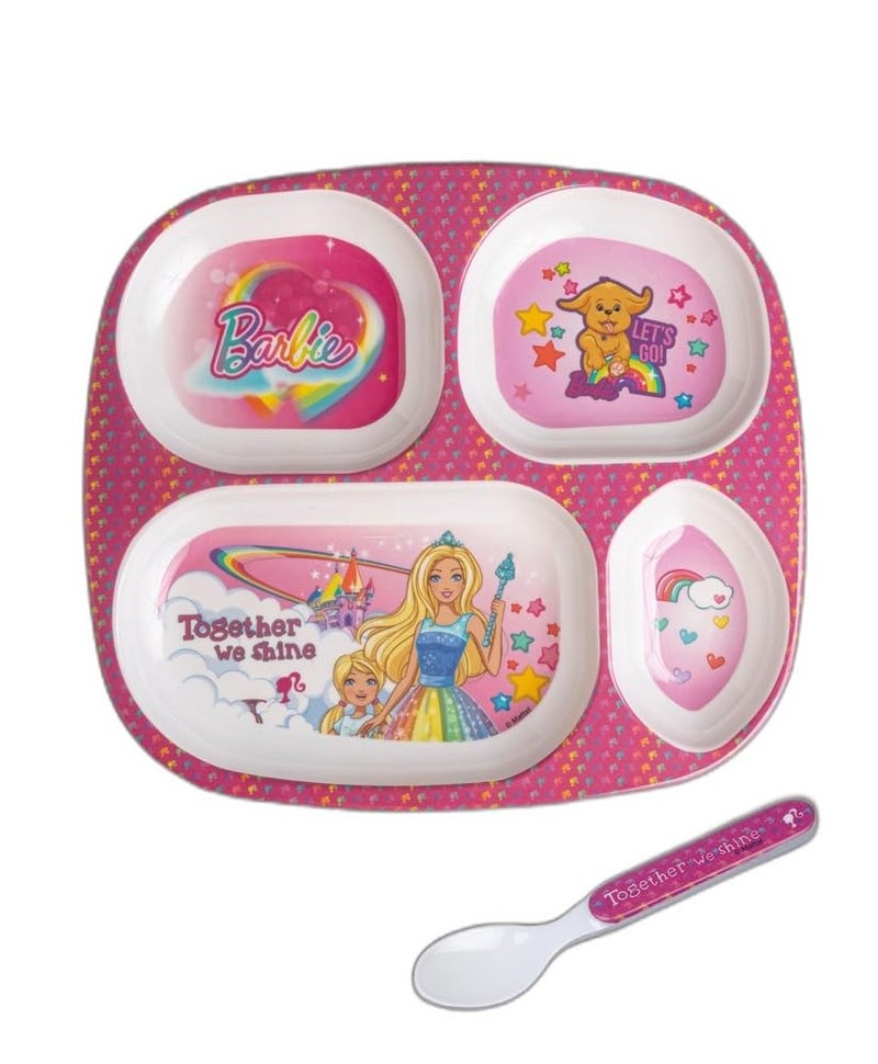 Superware Melamine Kids Partition Plate Set of 2 with Spoon Barbie Shine Theme Divided Meal Dinnerware for Toddlers and Children Durable - Image 1